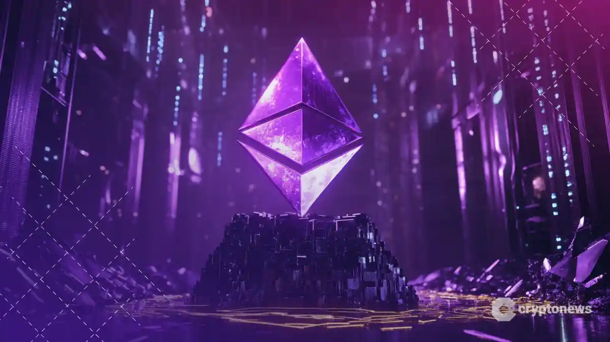 巨大な玉座のような台座に鎮座する黒曜石と紫のクリスタルで作られた巨大なイーサリアムロゴ、世界最大の保有量を象徴