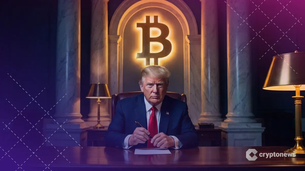 仮想通貨法案への署名を決意するトランプ大統領と背景のビットコインロゴ