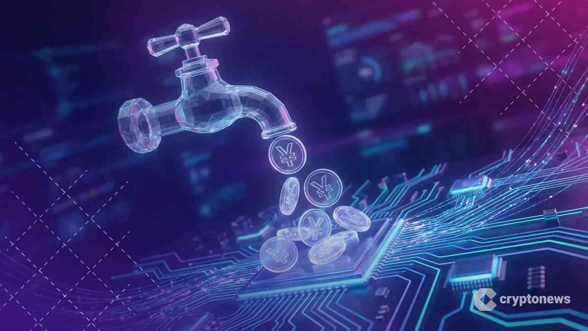 未来的なデジタルの蛇口から日本円マークのコインが流れ出る様子