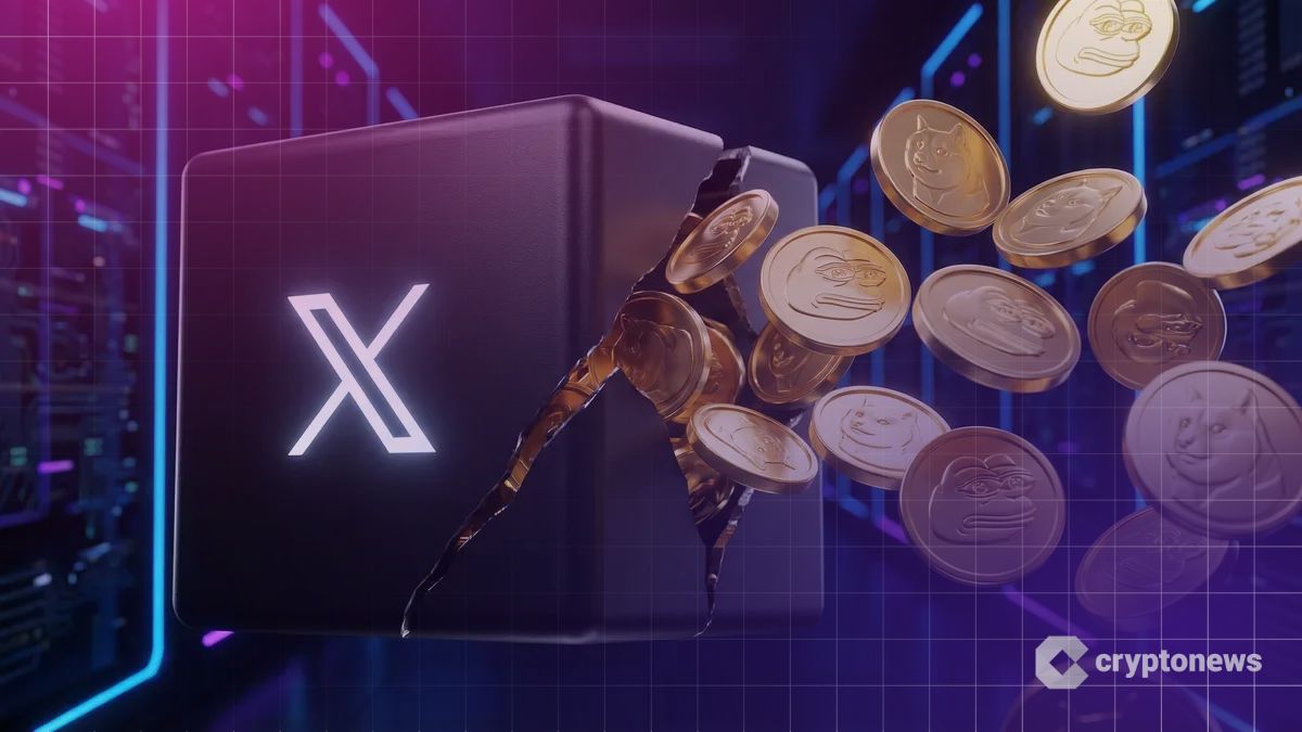 Xのロゴが入った黒い箱から、Dogeなどのミームコインが輝きながら飛び出す様子