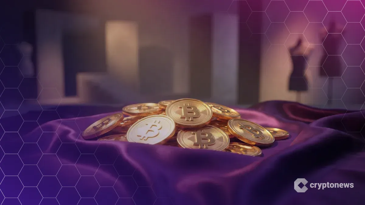紫色のシルク生地の上に積み上げられた大量の輝くビットコイン