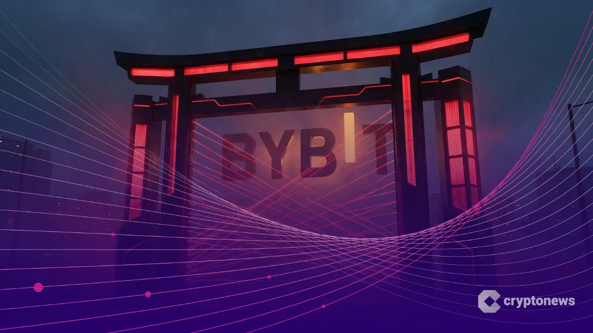 閉ざされる日本のデジタルゲートの向こうにあるBybitのロゴ