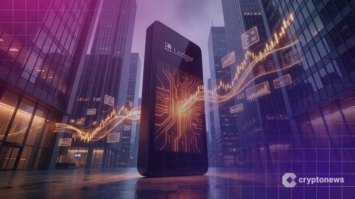 米国金融街にそびえ立つ巨大なLedgerウォレットと上昇するオレンジ色のIPOエネルギー