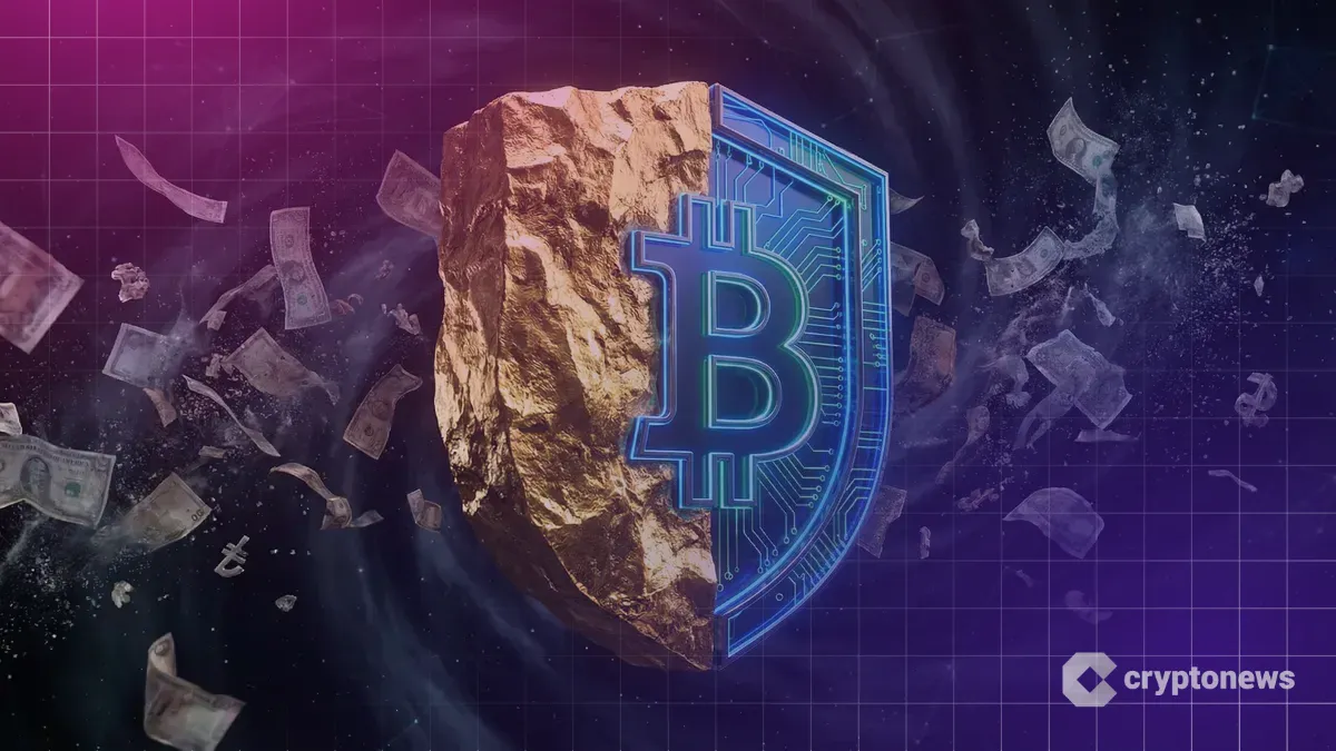 物理的な金塊とデジタルなビットコインが融合した巨大なモノリスが、紙幣の嵐の中で輝いている様子