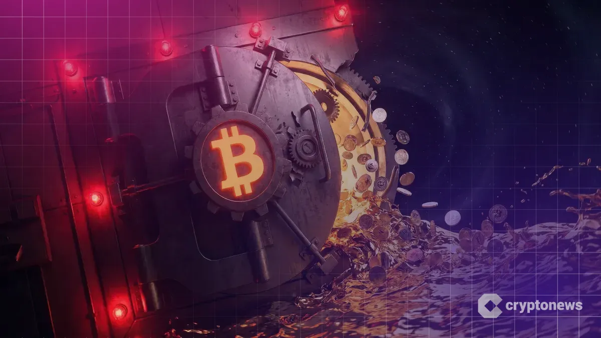 巨大なビットコインETFの金庫から金色の資金エネルギーが激しく流出し、赤い警告灯に照らされている様子