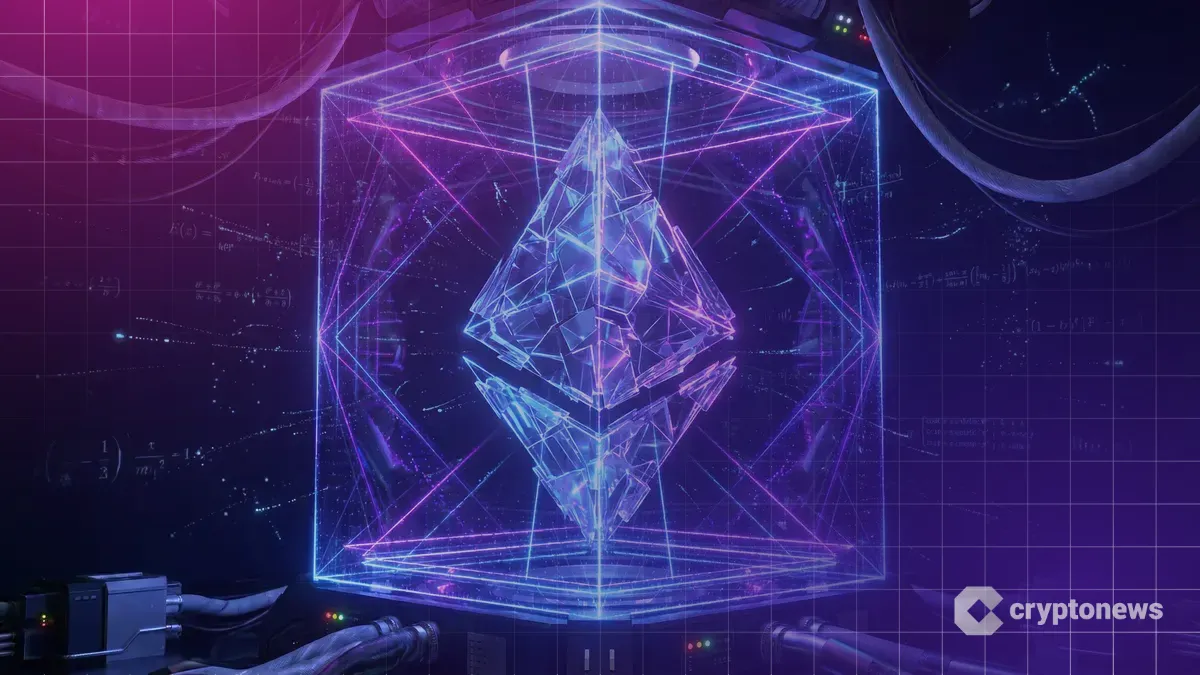 量子コンピューターの内部のような空間で、青と紫の光のグリッドに守られながら輝くクリスタル状のイーサリアムロゴ