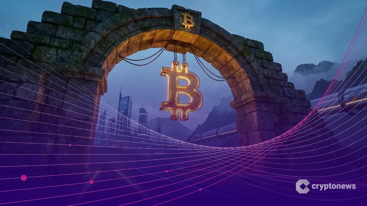 コロンビアの年金基金を象徴する石造りのアーチに、ビットコインのロゴが要石として組み込まれる様子