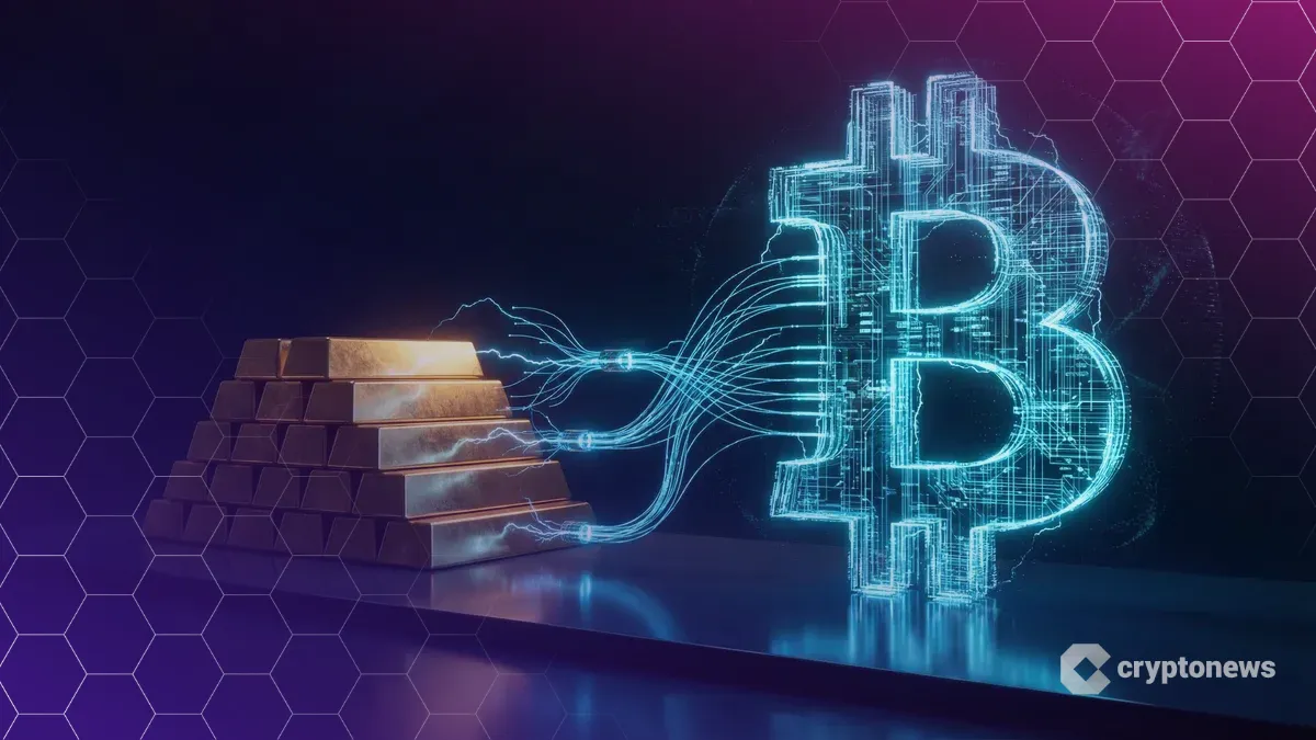 物理的な金の延べ棒とデジタルなビットコインが青いAI回路で接続されたデュアルゴールド戦略のイメージ