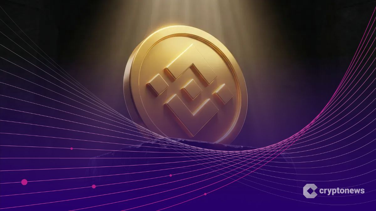 グレースケールの重厚な台座に鎮座する黄金のBNBロゴ、ETF申請を象徴