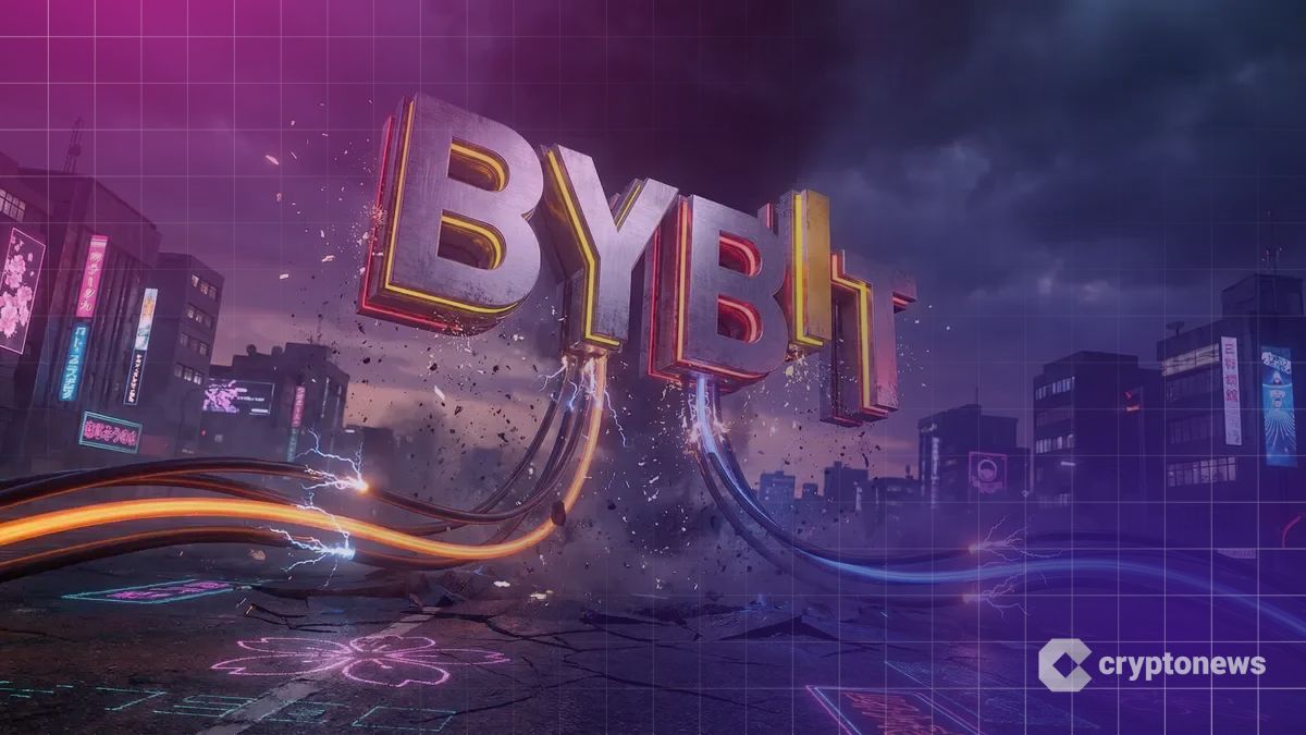 日本のデジタル大地から強制的に切断され、データケーブルが火花を散らして千切れる巨大なBybitロゴ