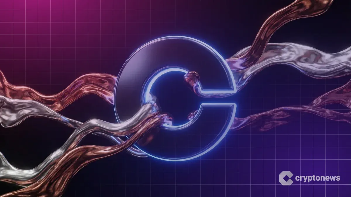 Coinbaseのロゴの周囲を銅とプラチナの流体金属がダイナミックに渦巻く様子