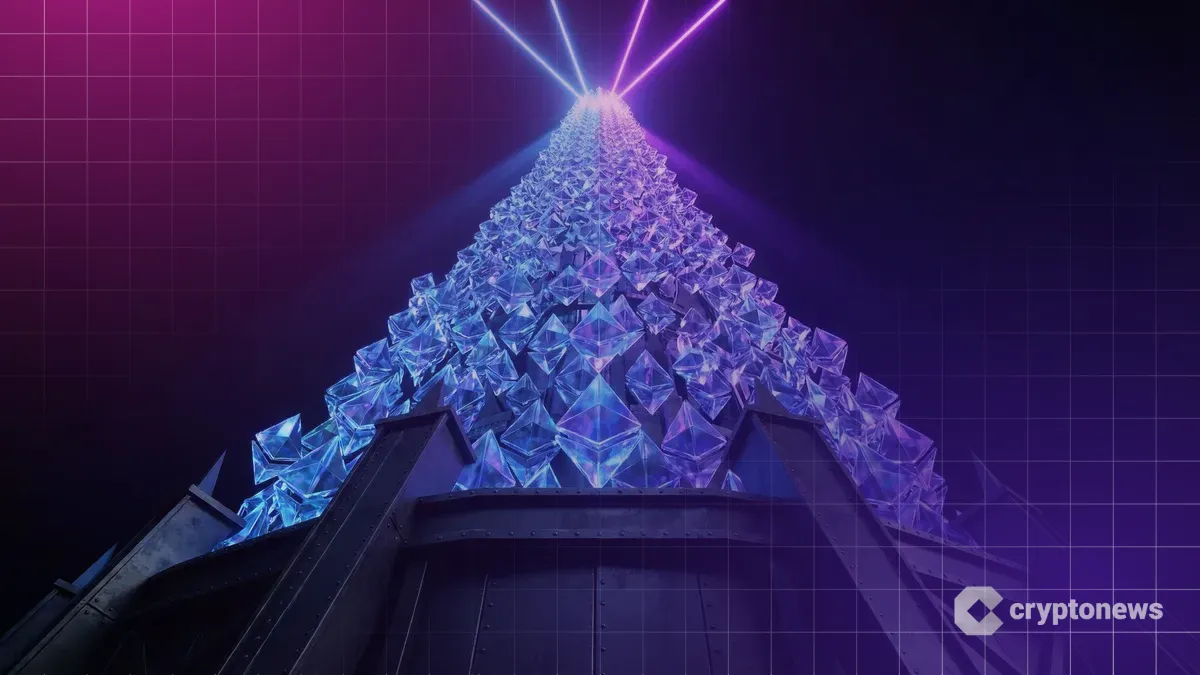 暗いデジタル空間で無限に高く積み上げられた輝くイーサリアムのクリスタルタワー、BitMineのステーキング200万ETH突破を象徴