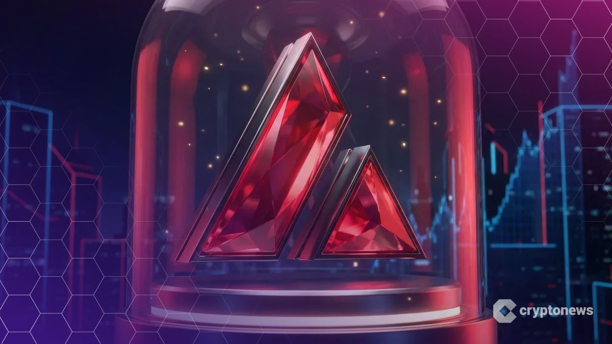 未来的な金融街にそびえ立つ、ルビー色のクリスタルと金属で作られた巨大なアバランチ(AVAX)のロゴ