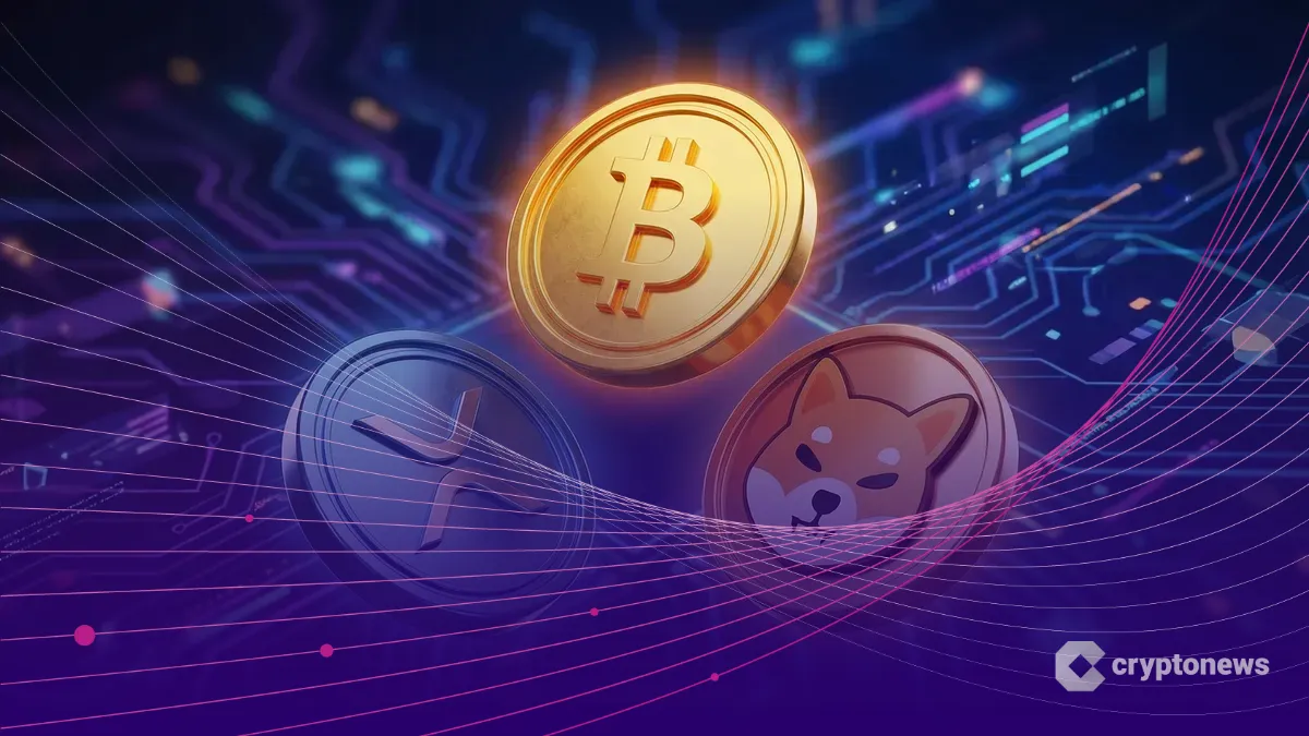 ビットコイン、XRP、ドージコインの3つの仮想通貨が上昇するダイナミックな3Dアート