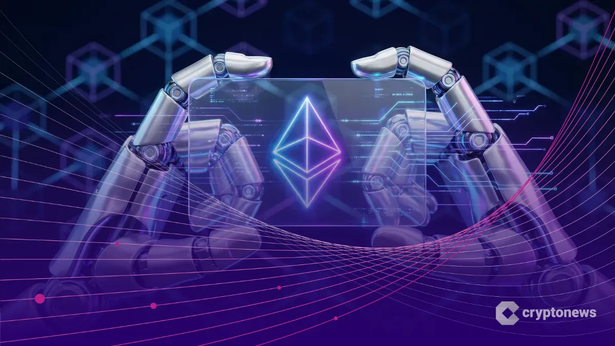 AIロボットの手がイーサリアムのロゴが光るデジタルIDカードを持ち、認証を行っている様子