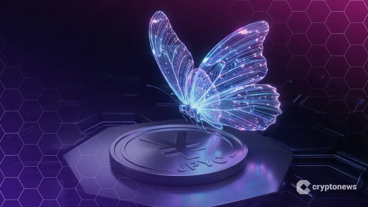 デジタルなモルフォ蝶が日本円シンボルのコインを照らす、JPYCレンディング市場開設のイメージ