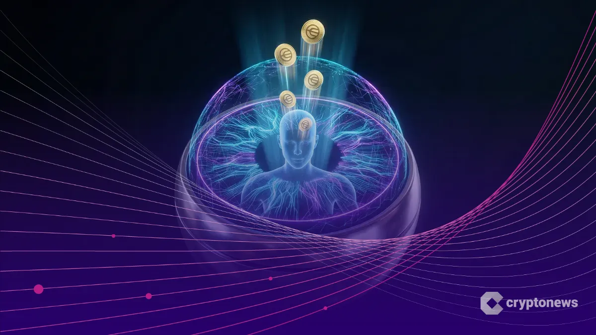 暗闇に浮かぶ近未来的な銀色の球体が、青と紫の光で人間の虹彩パターンとWLDコインを投影している様子