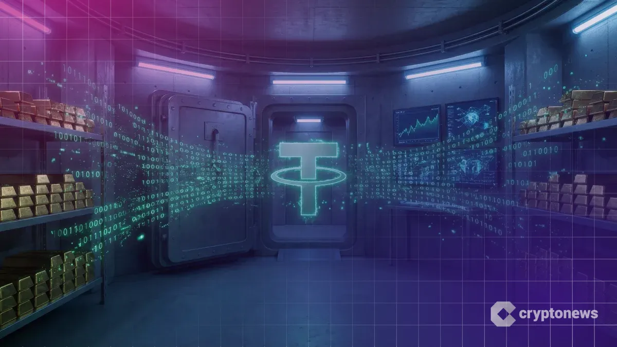 スイスの核シェルター内で金塊がデジタルデータに変換されテザーロゴを形成する様子