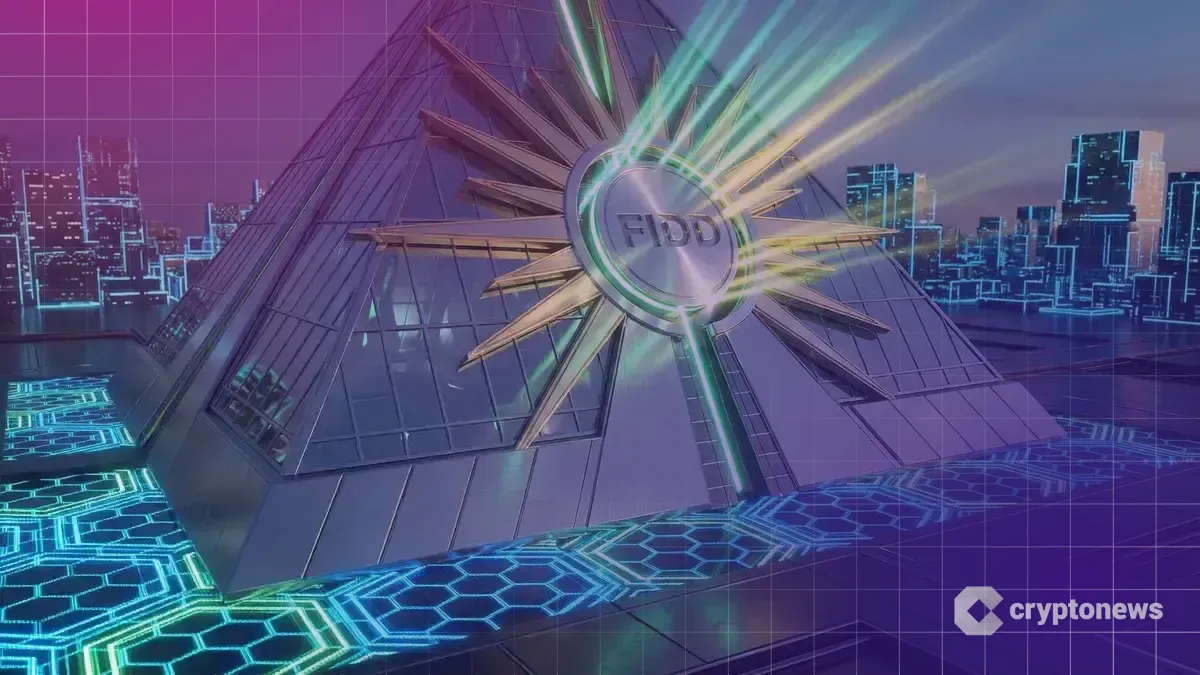 フィデリティのピラミッド型ロゴから放たれる光の中に浮かぶFIDDステーブルコインとイーサリアムのグリッド