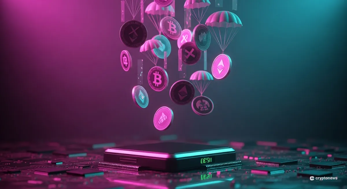 仮想通貨のエアドロップを象徴するマゼンタのトークンがウォレットに降り注ぐ写真