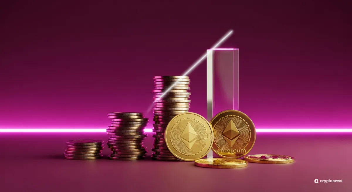 マゼンタ光の中で暗号資産の成長と億り人達成を象徴するコインの静物写真