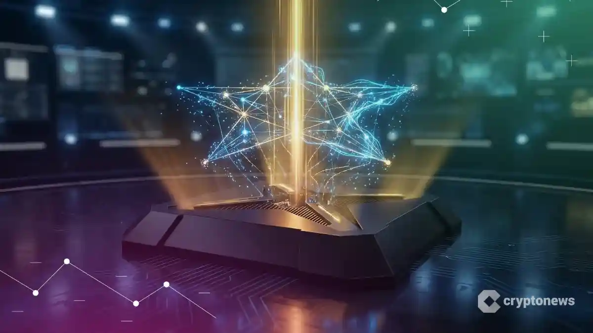 ソニーのデザインを彷彿とさせる黒い未来的プラットフォーム上で、黄金の資金エネルギーを受けながら青く輝くスターテイルのネットワーク構造体が拡大している様子