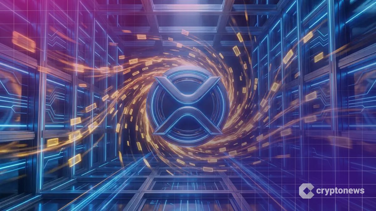 デジタル金庫の中心で強力な重力を持ち、黄金の資金データを吸い寄せる巨大なXRPロゴ