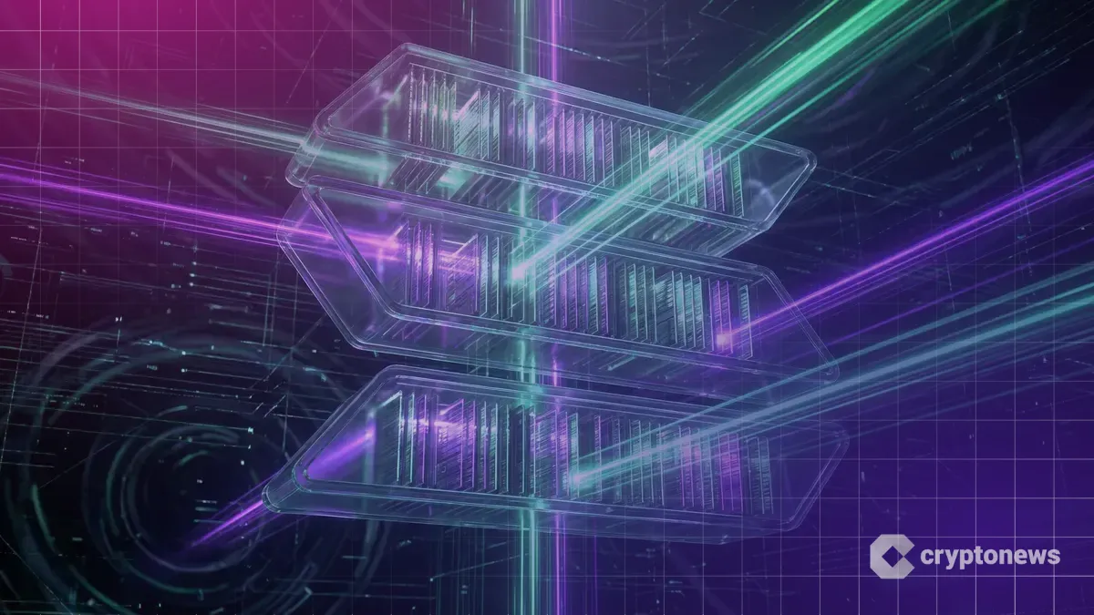 ソラナのロゴを模した未来的なデジタル図書館と輝くデータ記録