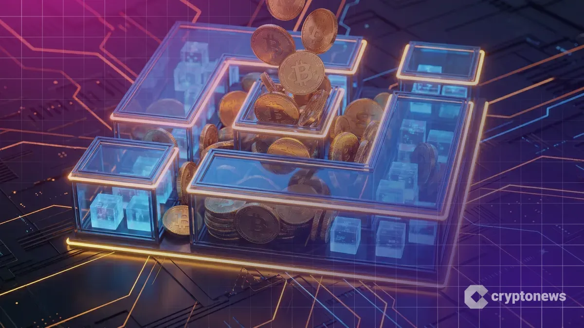 バイナンスのロゴ型ガラス容器の中でステーブルコインが大量のビットコインに入れ替わる様子