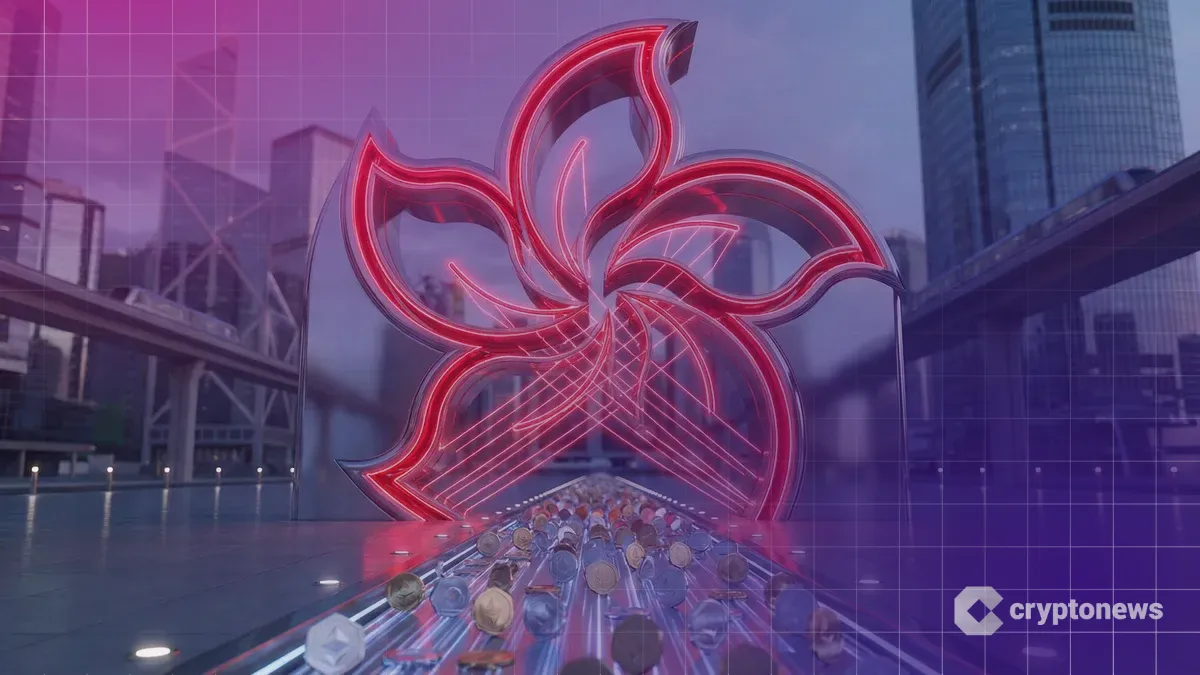 香港のバウヒニアの花を模した未来的なゲートが開き、規制されたステーブルコインが整然と通過していく様子