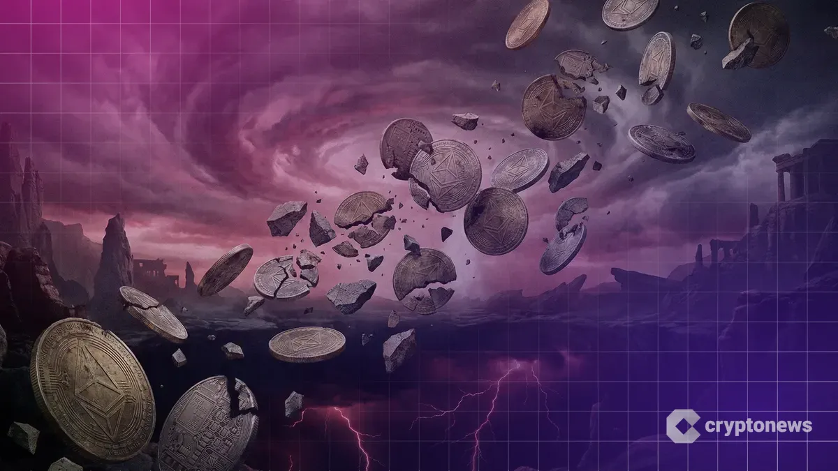 暗闇へ崩れ落ちる多数のアルトコインの象徴図