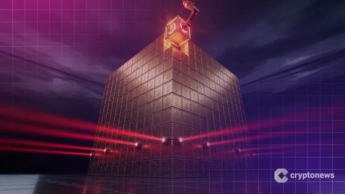 暗闇にそびえ立つ巨大なビットコインのブロックで構成された堅牢なタワー、頂上に新たなブロックが追加され赤い光で補強されている様子