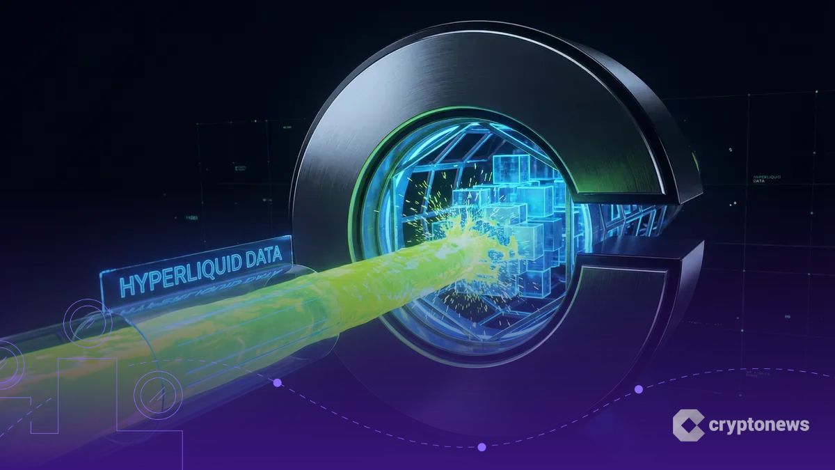 暗いデジタル空間でCoinbaseのロゴゲートに鮮やかなネオングリーンのHyperliquidエネルギーが流れ込み、活性化している様子