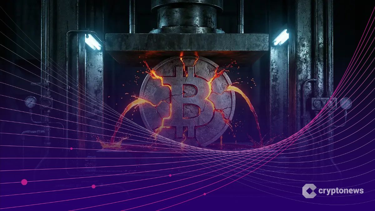 巨大なプレス機に押しつぶされ、赤とオレンジのエネルギーを噴出するビットコインロゴ