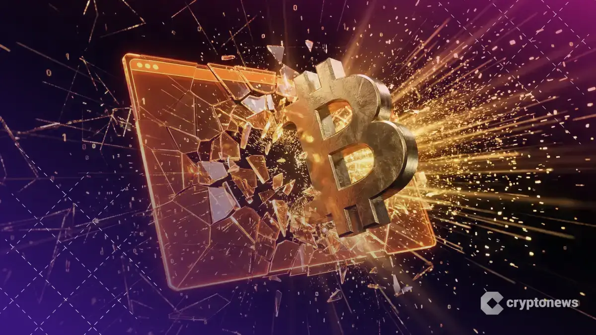 ビッサムの入力画面を巨大なビットコインが突き破り、デジタル破片が飛び散る様子