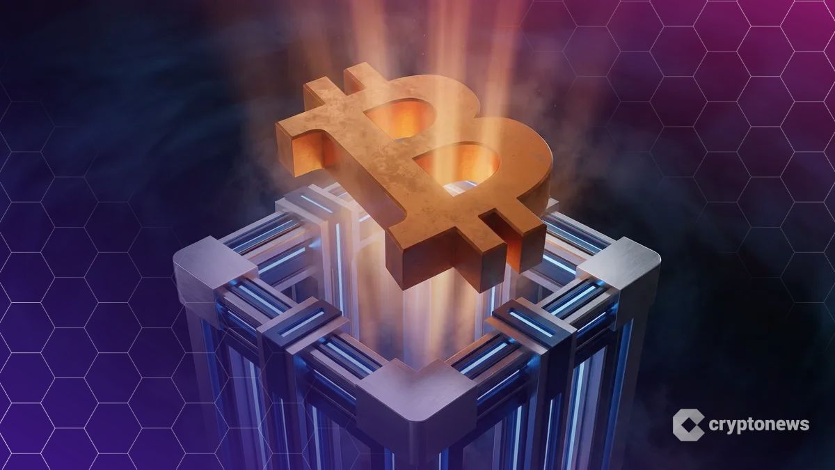 暗い空間で落下しかけた巨大なビットコインのロゴを、下から現れた青く光る堅牢な柱が強力に支え、価格の安定と回復を象徴している様子