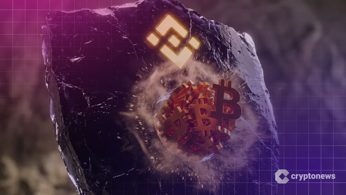 バイナンスのロゴが刻まれた巨大な黒い盾に、輝くビットコインが装填され、黄金の光を放って防御力を強化している様子