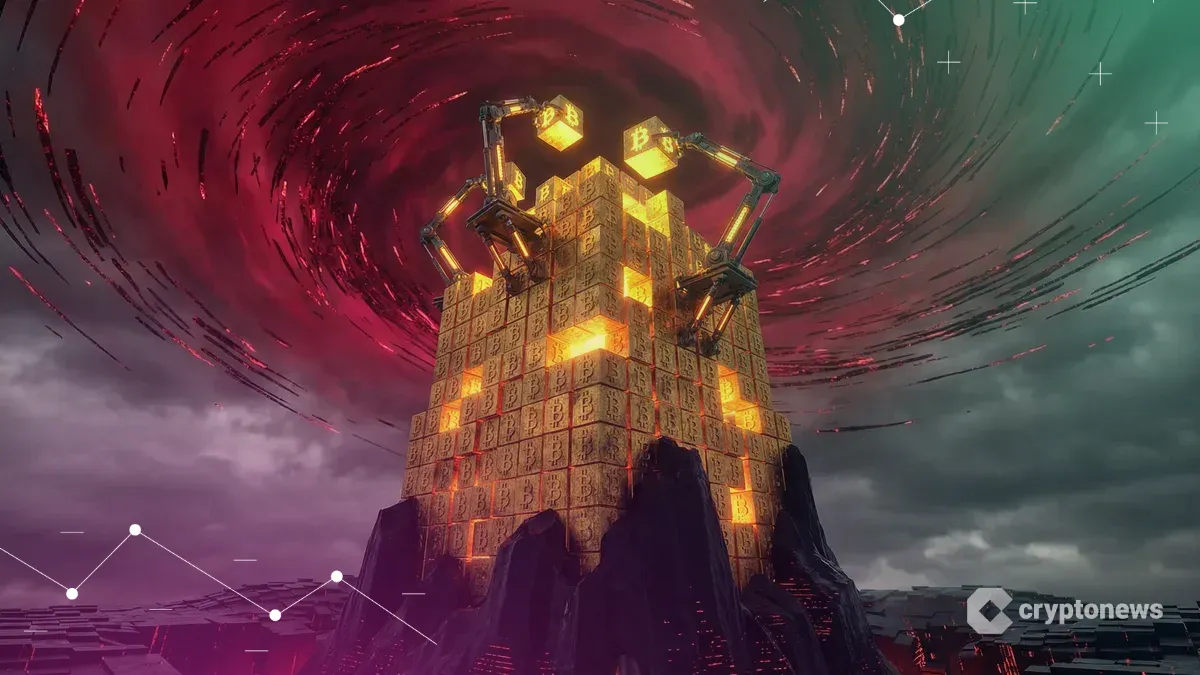 赤い嵐の中でビットコインを積み上げ続ける巨大な塔