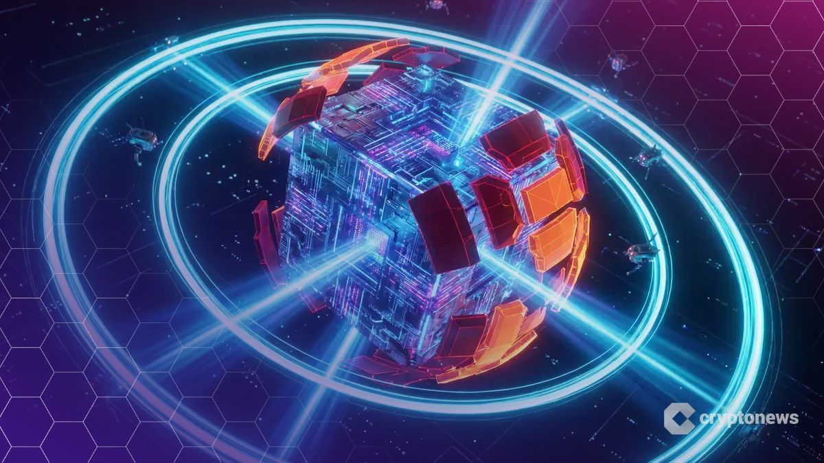 3層のセキュリティフレームワークを表す光のリングが、仮想通貨取引所のデジタルコアをスキャンし強化している様子