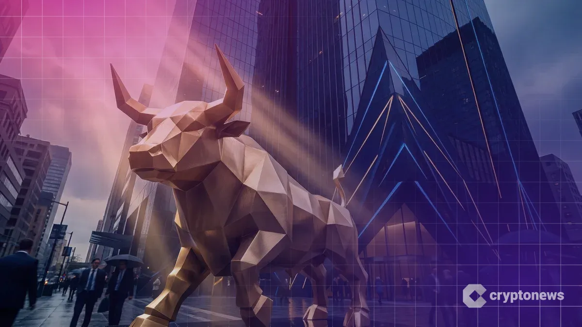 JPモルガンの強気予測を象徴する、巨大な金融ビルの前に立つ黄金の雄牛