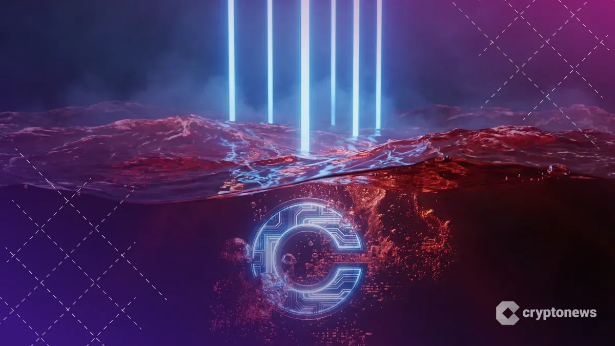 赤い液体の層の下から青い光を放つCoinbaseのロゴ