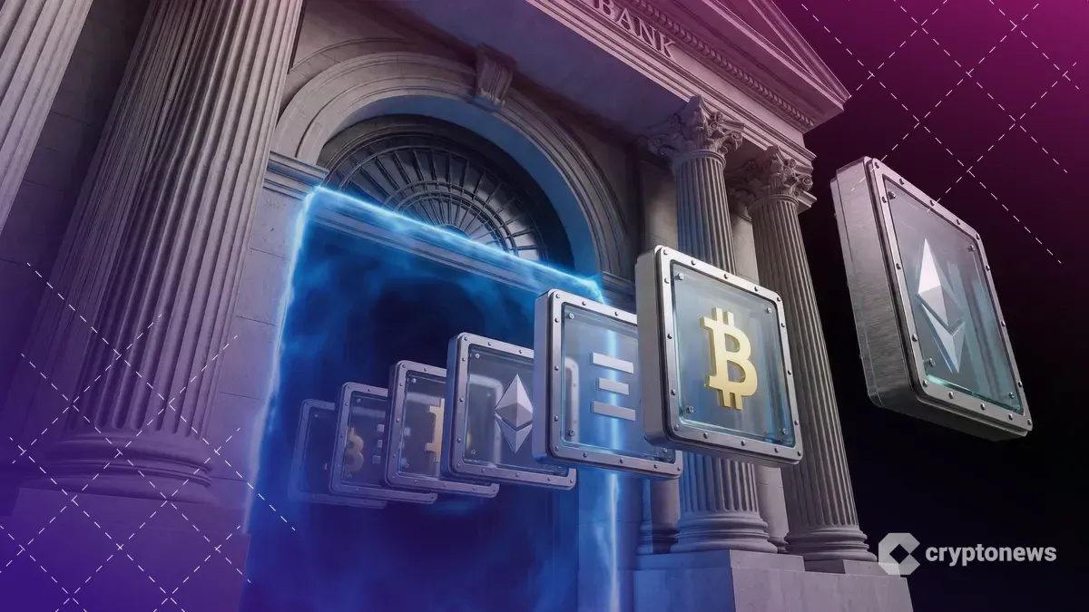 銀行の石柱の間を通過するビットコインが、規制を表す青い光で保護フレームを装着される様子