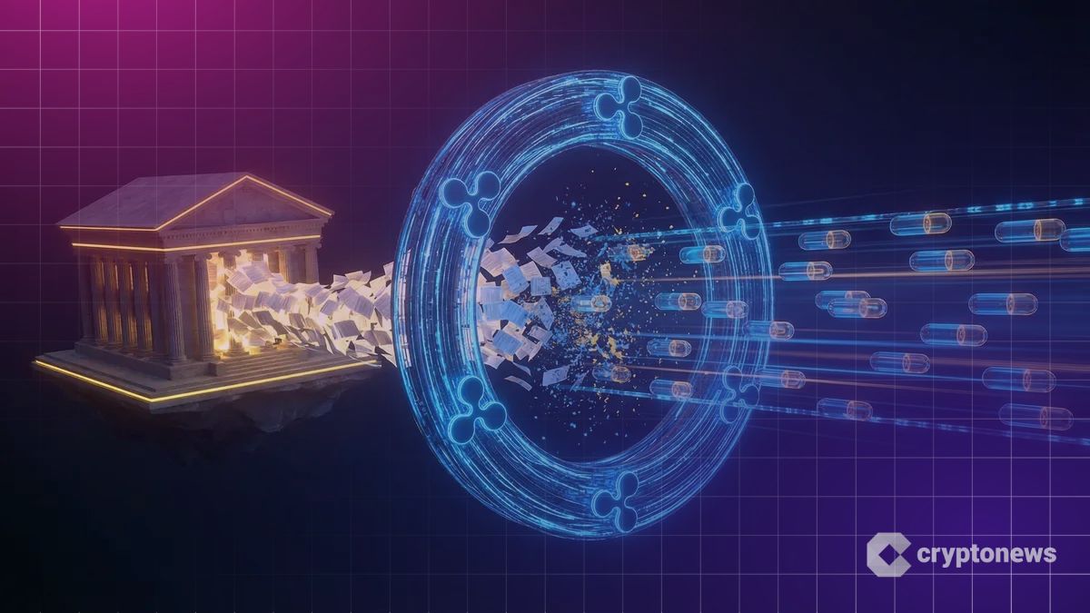 リップルの青いハイテクリングが、アビバの黄色い光を放つ伝統的な書類をデジタルトークンに変換している様子