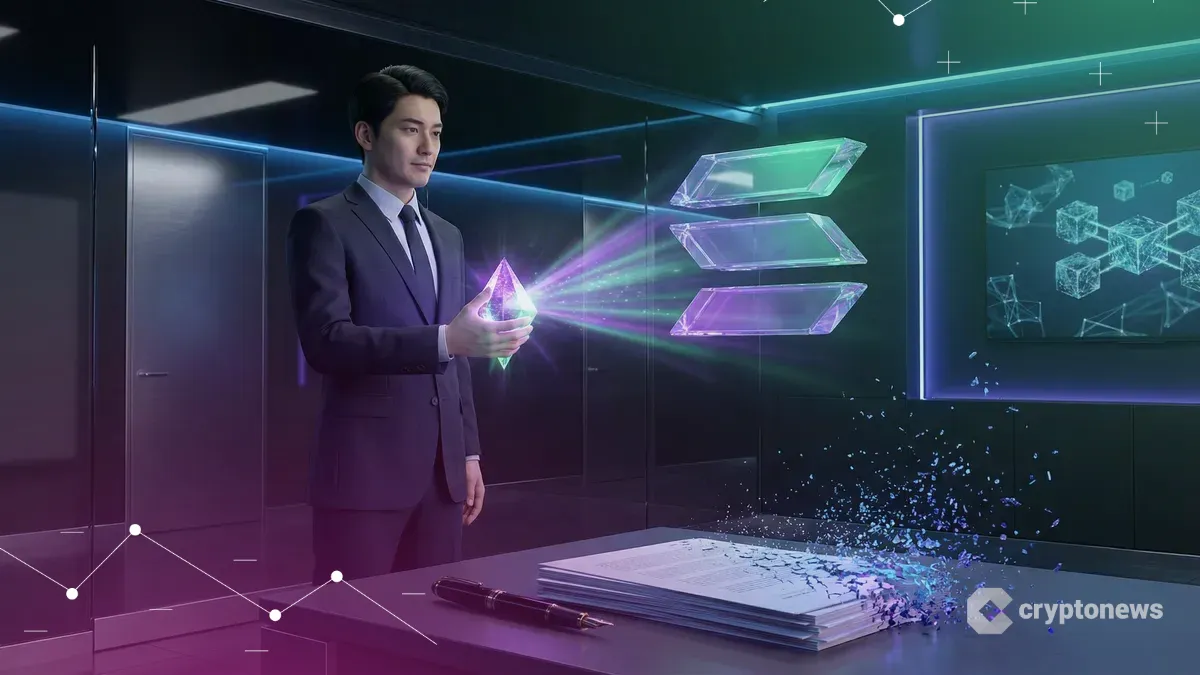 ソラナのロゴが輝く未来的なオフィスで、ジャーナリズムからWeb3へ転身した佐藤茂氏を象徴する日本人ビジネスリーダー