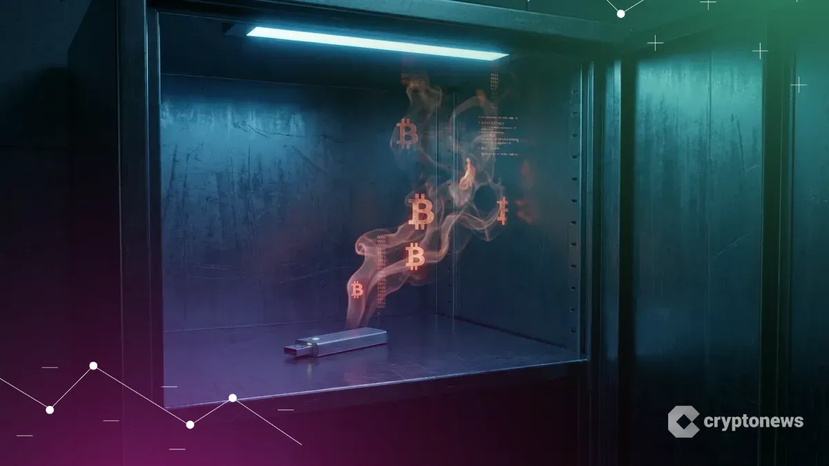 警察の証拠保管庫にあるUSBコールドウォレットから、ビットコインがデジタルの煙となって外部へ消失していく様子