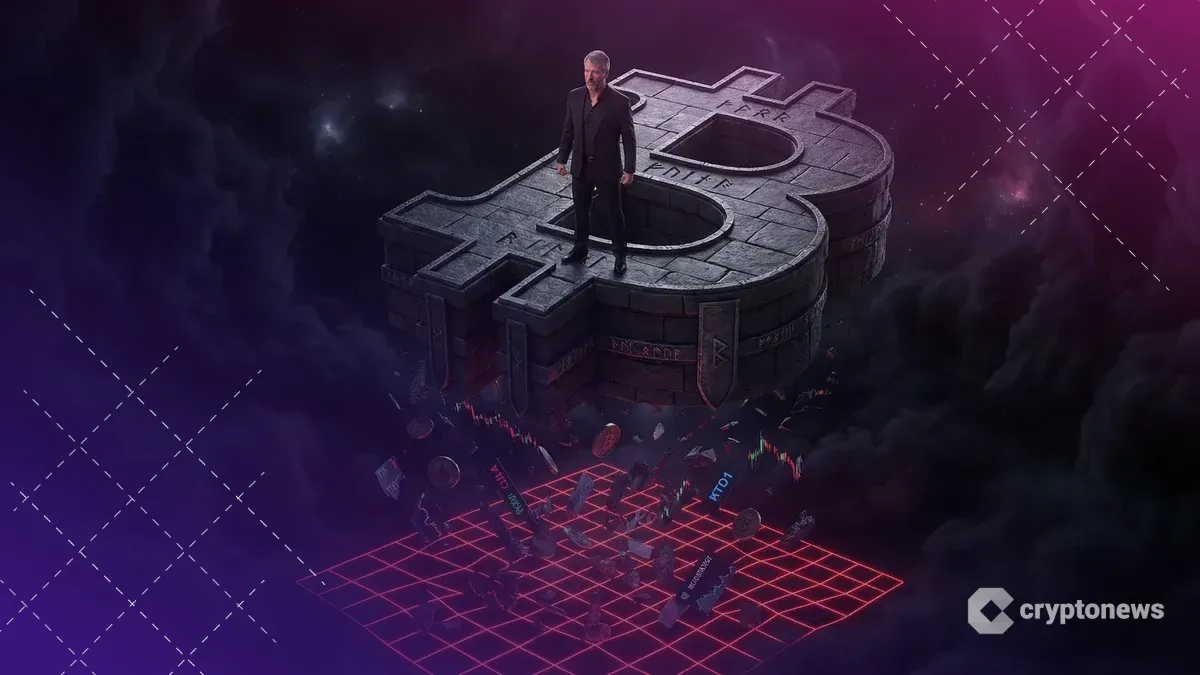 ビットコインの要塞の上に自信を持って立つマイケル・セイラーと、遥か下の赤い安全ライン