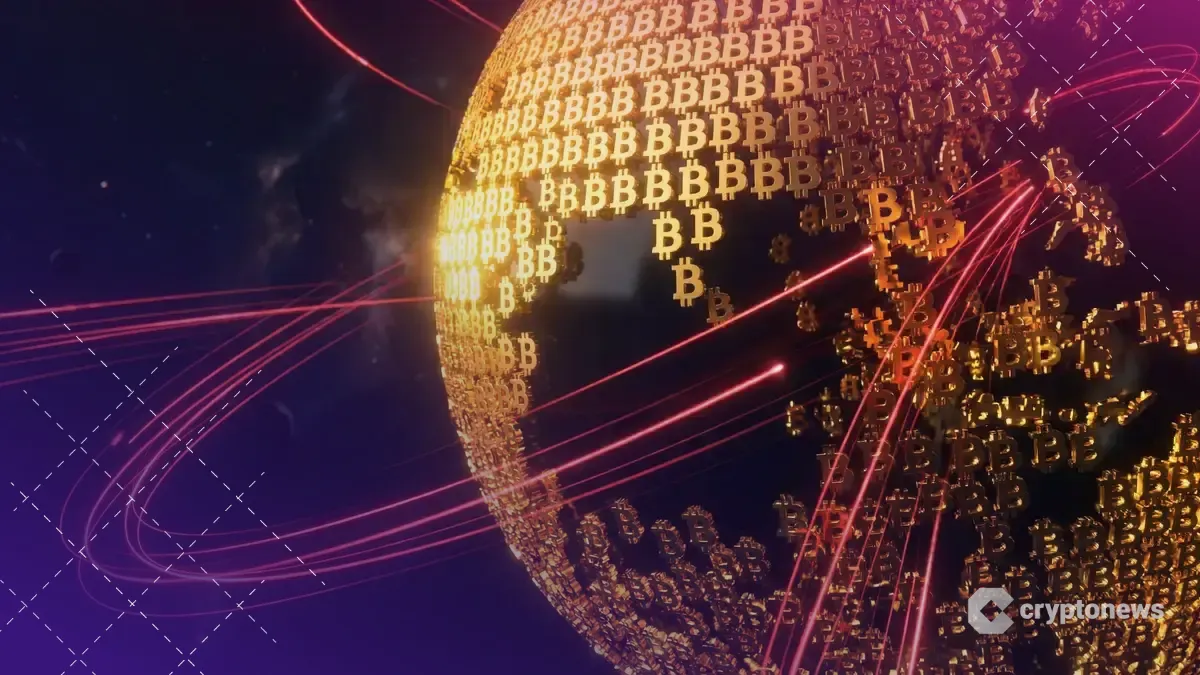 ビットコインで構成された巨大な惑星状の構造物が赤いデータストリームを吸収する様子