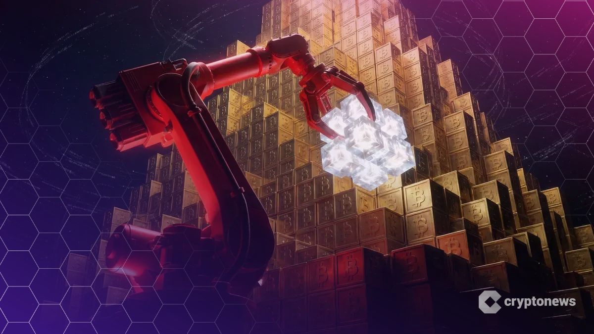 MicroStrategyの赤いロボットアームが、株式資金から変換された新たなビットコインの塊を、既存の巨大な金の山に追加している様子