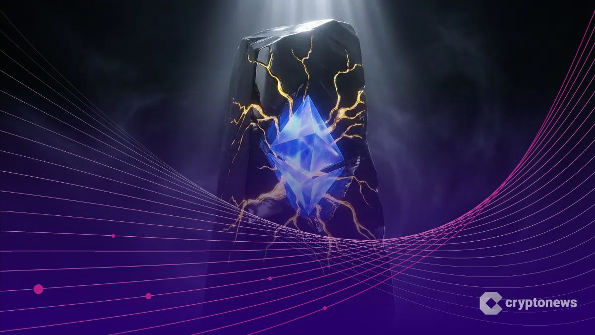 ブラックロックを象徴する巨大な黒い岩盤から、青く輝くイーサリアムの結晶が力強く隆起し、金色のステーキング報酬が脈打つ様子