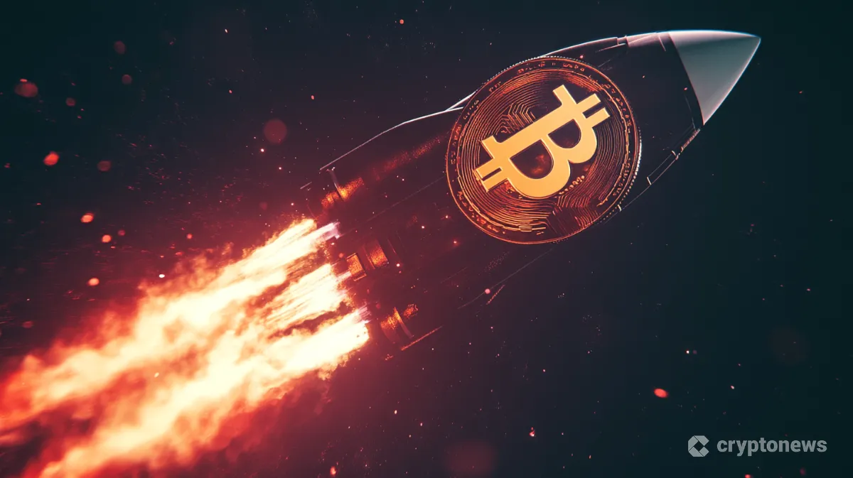 スペースXのロゴとビットコインが融合し、宇宙船のように上昇するイメージ